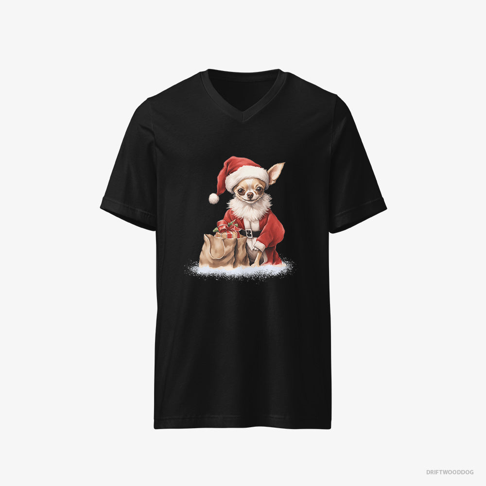 Chihuahua T-Shirt – Men Black T-Shirt V-Neck – Bringing a Bag of Christmas Presents (on White Background)