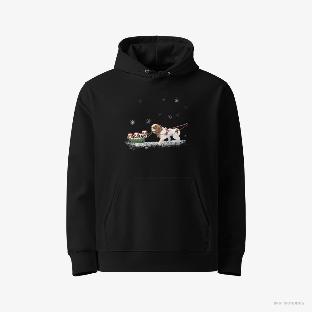 Cavalier King Charles Spaniel Hoodie – Men Black Hoodie Eco-Friendly – Sledding with Puppies (on White Background)