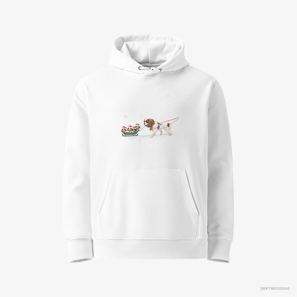 Cavalier King Charles Spaniel Hoodie – Women White Hoodie Eco-Friendly – Sledding with Puppies (on White Background)