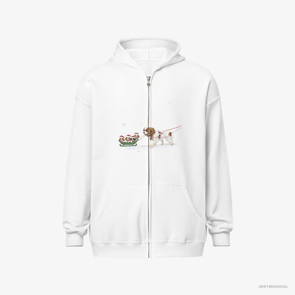 Cavalier King Charles Spaniel Hoodie – Men White Hoodie Full-Zip – Sledding with Puppies (on White Background)