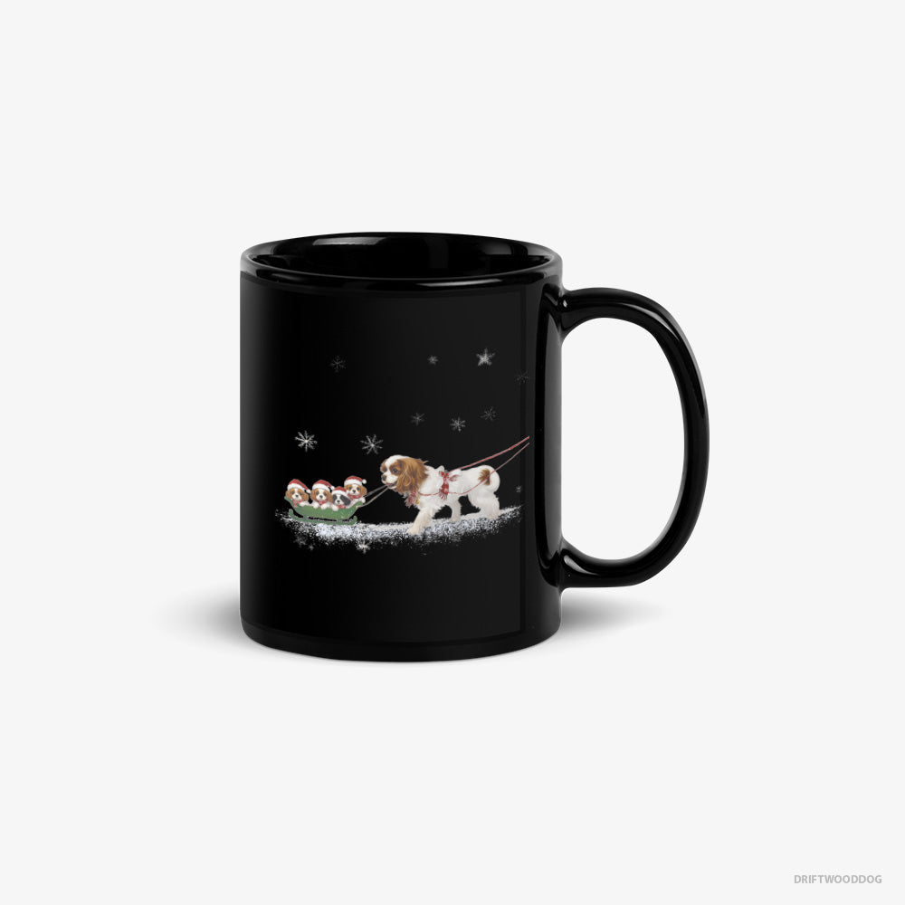 Cavalier King Charles Spaniel Mug – Unisex Black Mug Classic – Sledding with Puppies (on White Background)