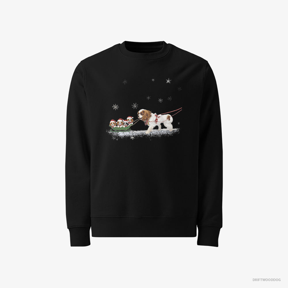 Cavalier King Charles Spaniel Sweatshirt – Men Black Sweatshirt Classic – Sledding with Puppies (on White Background)