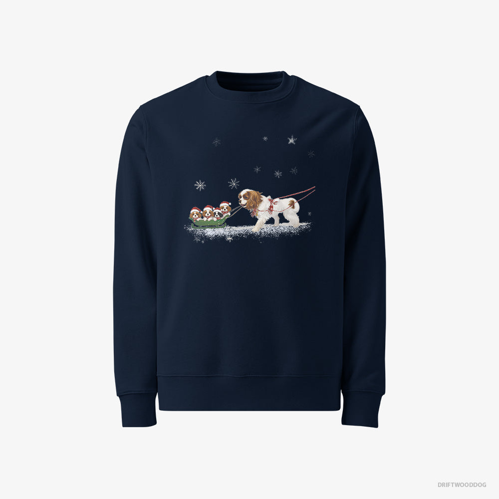 Cavalier King Charles Spaniel Sweatshirt – Men Navy Sweatshirt Classic – Sledding with Puppies (on White Background)