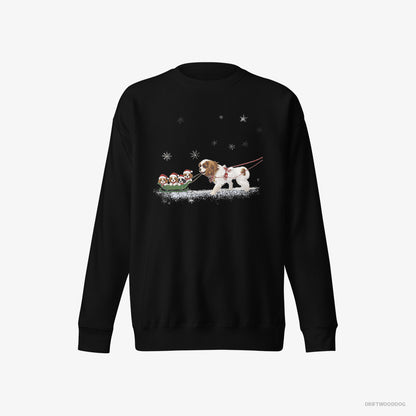 Cavalier King Charles Spaniel Sweatshirt – Men Black Sweatshirt Eco-Friendly – Sledding with Puppies (on White Background)