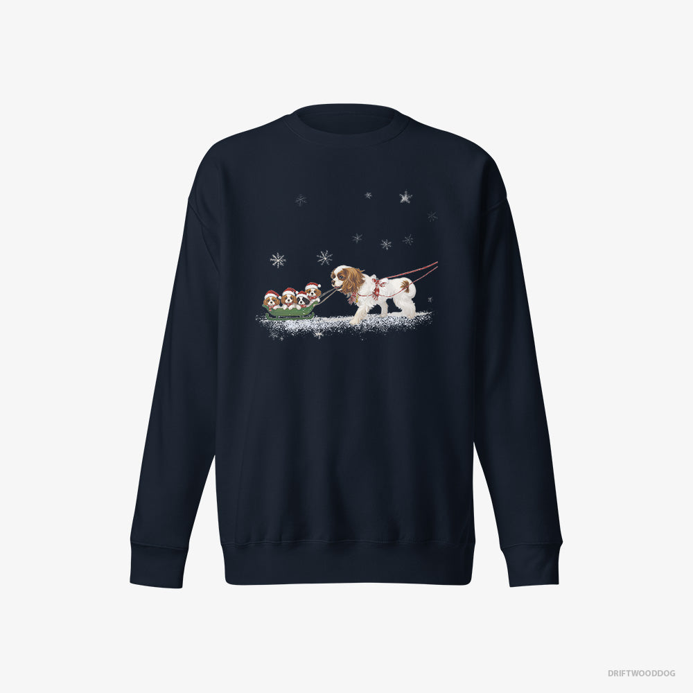 Cavalier King Charles Spaniel Sweatshirt – Men Navy Sweatshirt Eco-Friendly – Sledding with Puppies (on White Background)