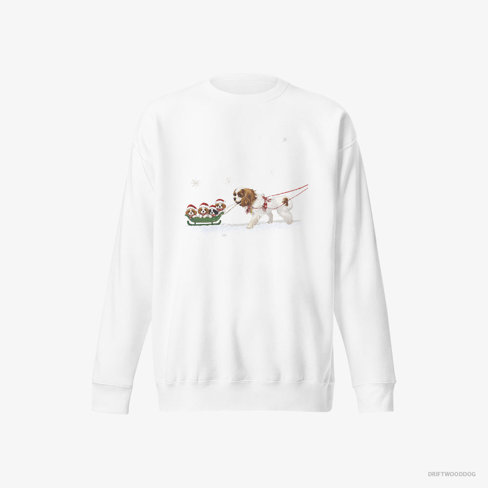 Cavalier King Charles Spaniel Sweatshirt – Men White Sweatshirt Eco-Friendly – Sledding with Puppies (on White Background)