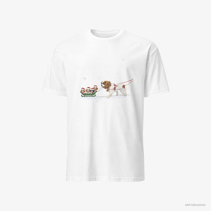 Cavalier King Charles Spaniel T-Shirt – Men White T-Shirt Classic – Sledding with Puppies (on White Background)