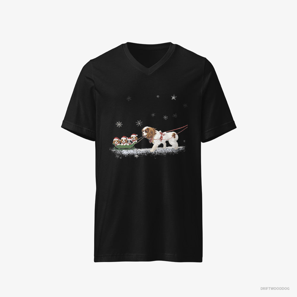 Cavalier King Charles Spaniel T-Shirt – Men Black T-Shirt V-Neck – Sledding with Puppies (on White Background)