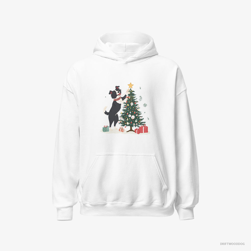 Border Collie Hoodie – Men White Hoodie Classic – Putting the Star on Top of the Christmas Tree (on White Background)