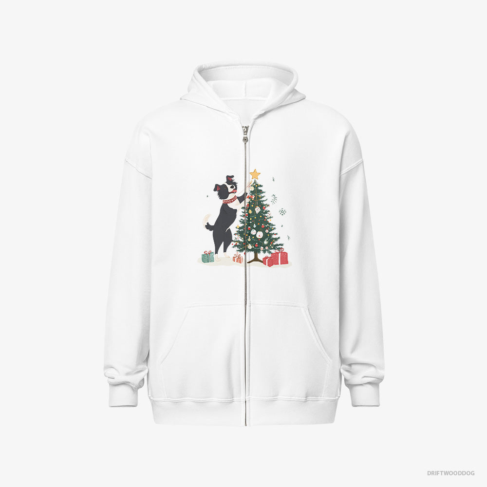 Border Collie Hoodie – Men White Hoodie Full-Zip – Putting the Star on Top of the Christmas Tree (on White Background)