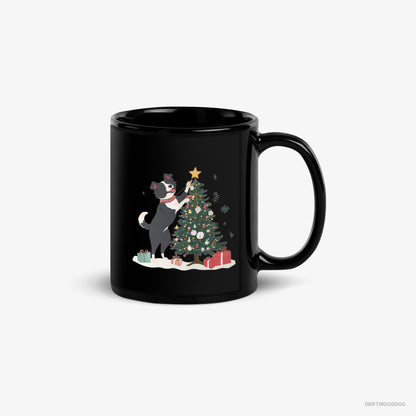 Border Collie Mug – Unisex Black Mug Classic – Putting the Star on Top of the Christmas Tree (on White Background)