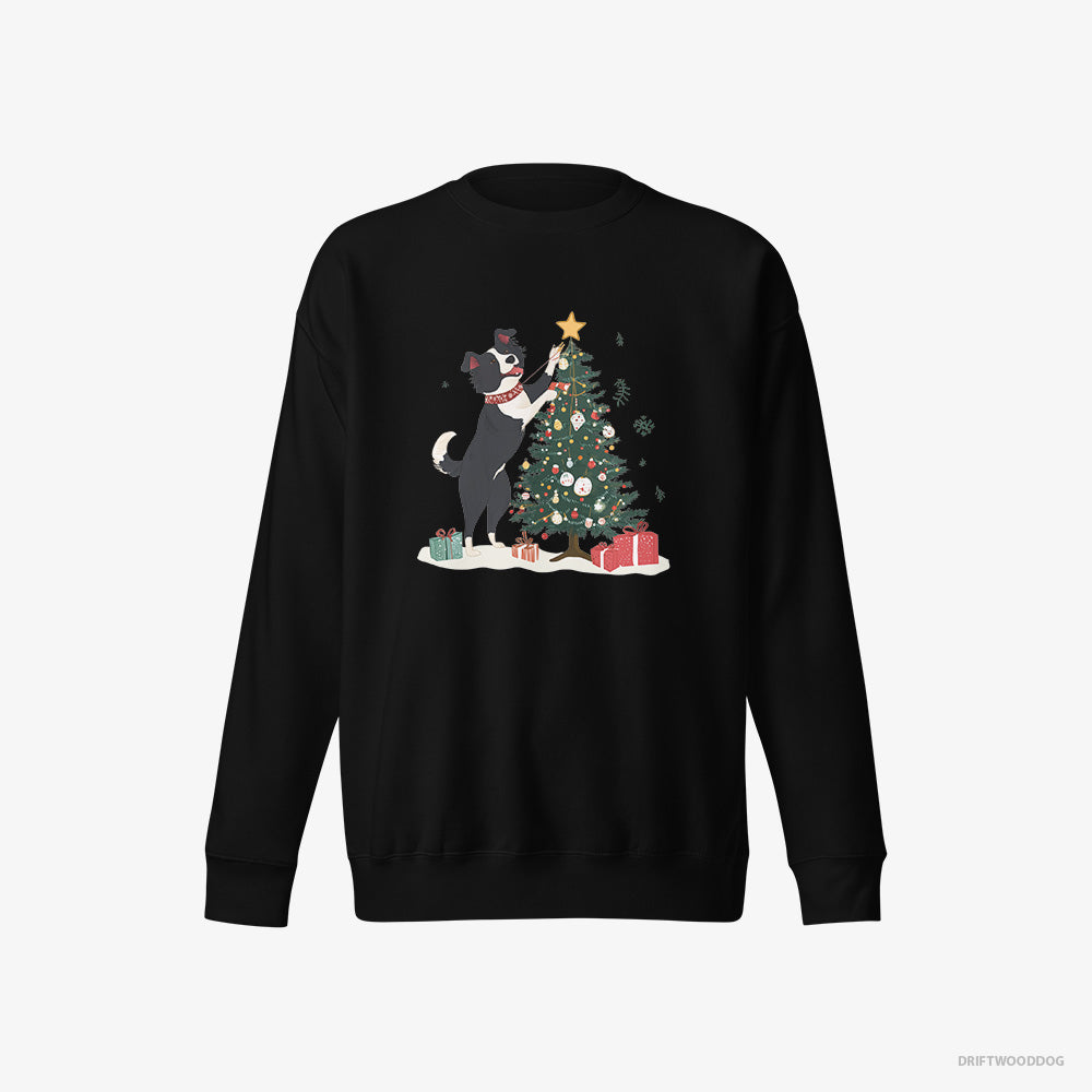 Border Collie Sweatshirt – Men Black Sweatshirt Eco-Friendly – Putting the Star on Top of the Christmas Tree (on White Background)