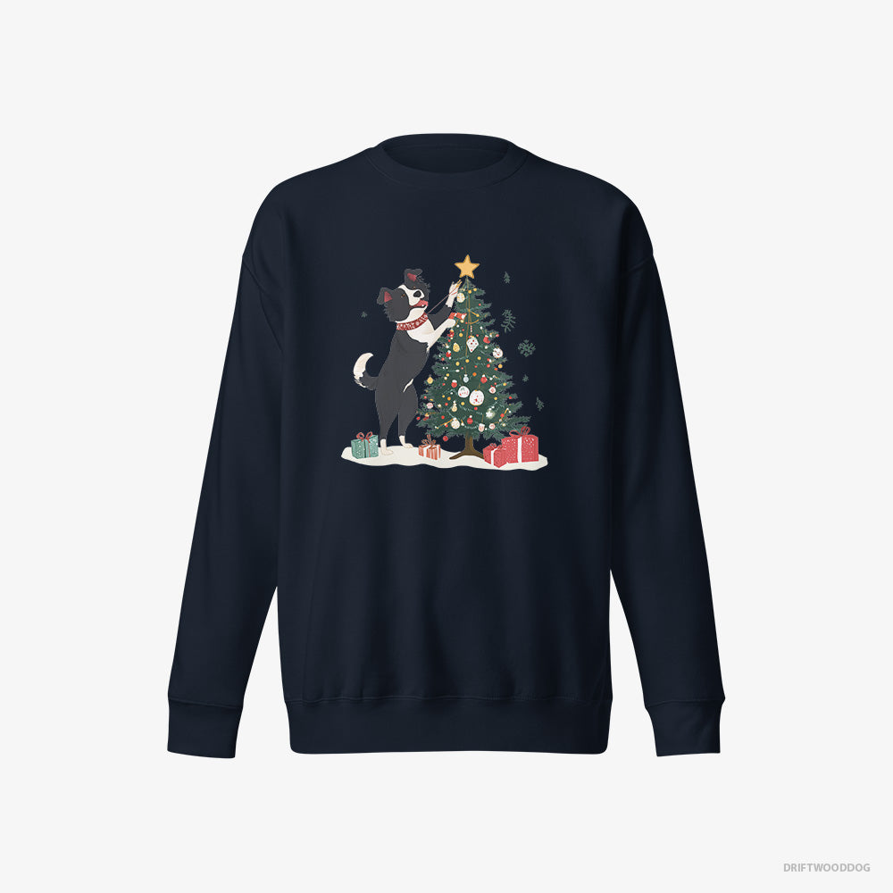 Border Collie Sweatshirt – Men Navy Sweatshirt Eco-Friendly – Putting the Star on Top of the Christmas Tree (on White Background)