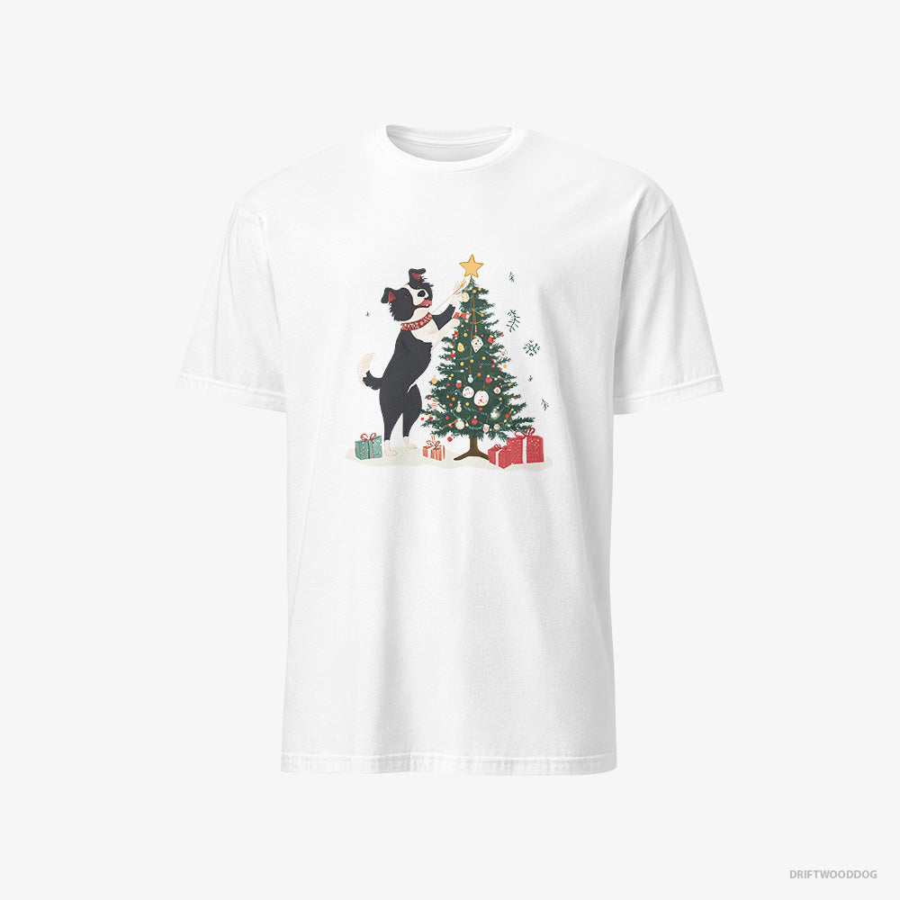 Border Collie T-Shirt – Men White T-Shirt Classic – Putting the Star on Top of the Christmas Tree (on White Background)