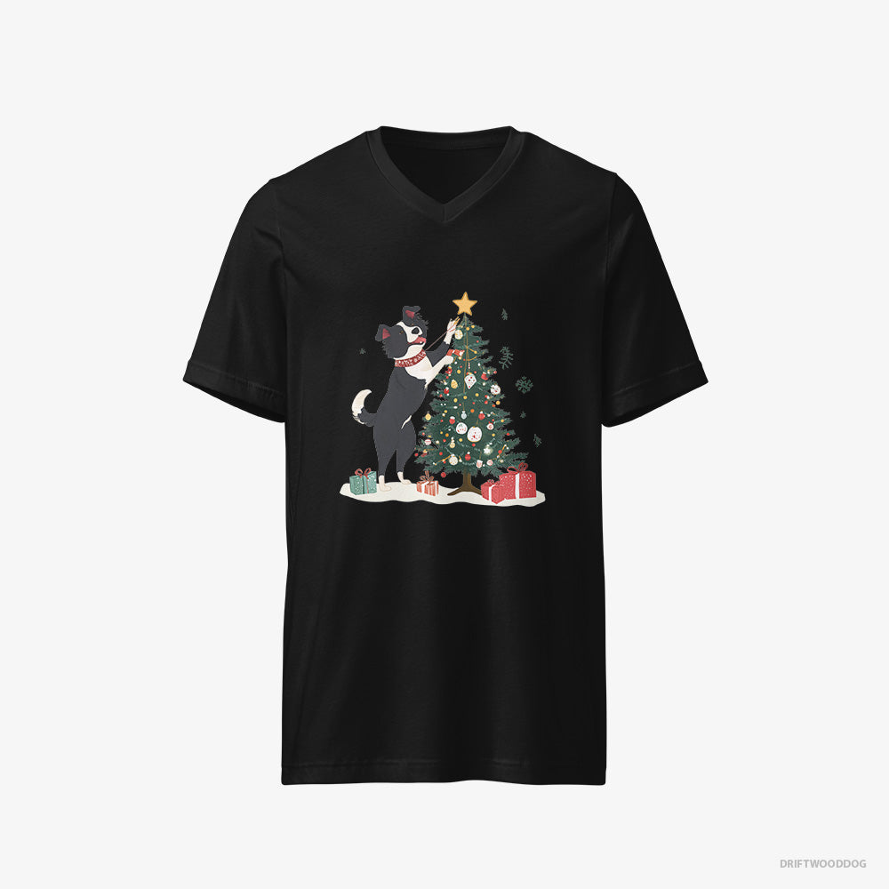 Border Collie T-Shirt – Men Black T-Shirt V-Neck – Putting the Star on Top of the Christmas Tree (on White Background)