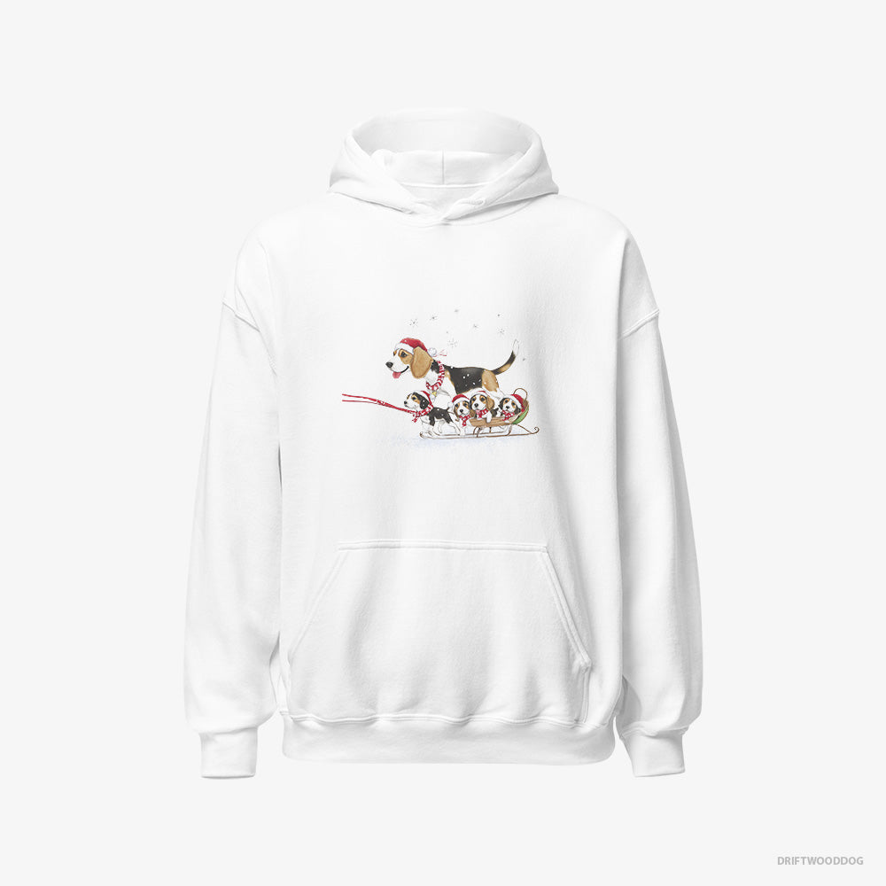 Beagle Hoodie – Men White Hoodie Classic – Giving Her Puppies a Sled Ride (on White Background)