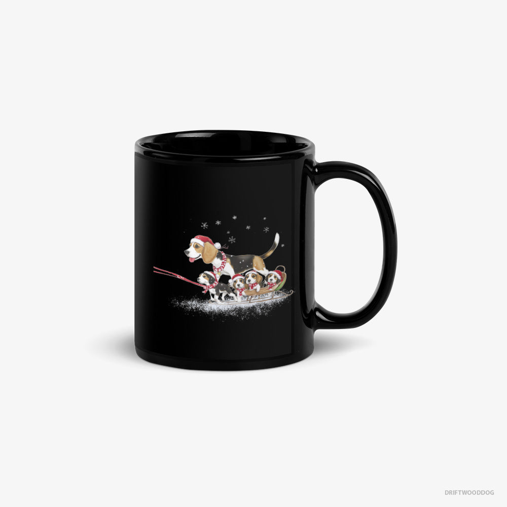 Beagle Mug – Unisex Black Mug Classic – Giving Her Puppies a Sled Ride (on White Background)