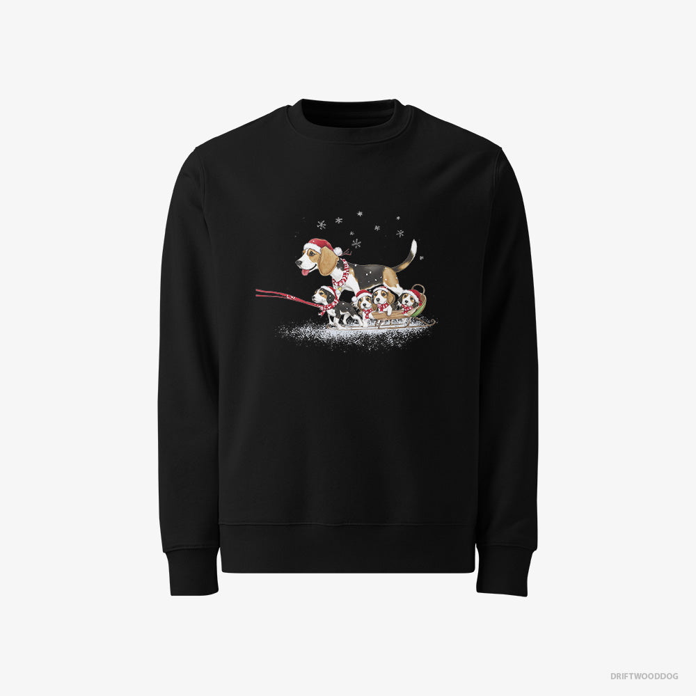 Beagle Sweatshirt – Men Black Sweatshirt Classic – Giving Her Puppies a Sled Ride (on White Background)