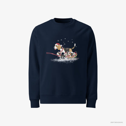 Beagle Sweatshirt – Men Navy Sweatshirt Classic – Giving Her Puppies a Sled Ride (on White Background)