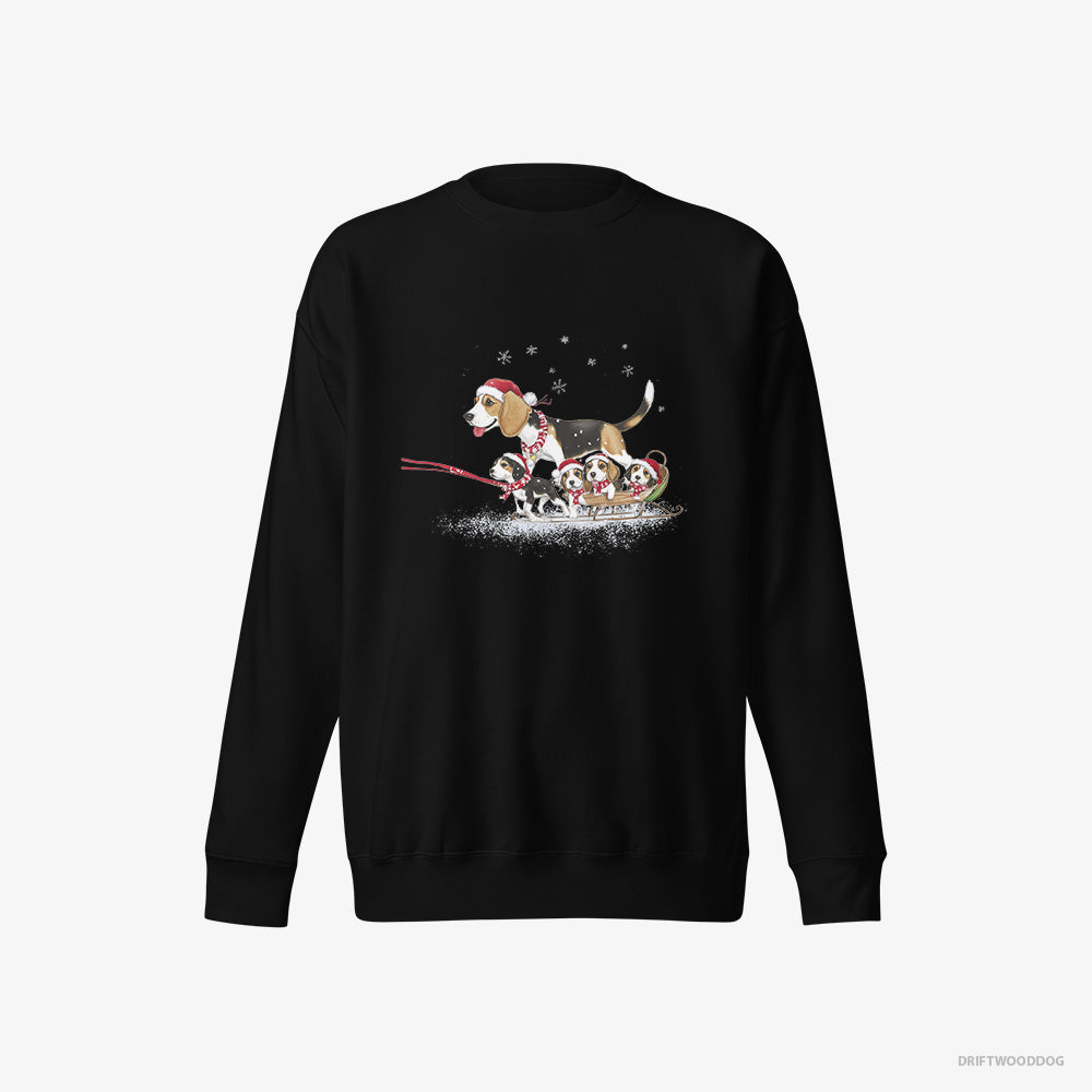 Beagle Sweatshirt – Men Black Sweatshirt Eco-Friendly – Giving Her Puppies a Sled Ride (on White Background)