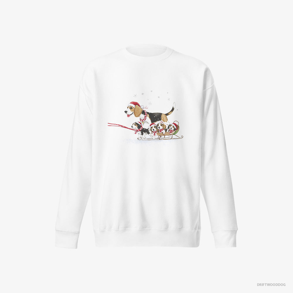 Beagle Sweatshirt – Men White Sweatshirt Eco-Friendly – Giving Her Puppies a Sled Ride (on White Background)