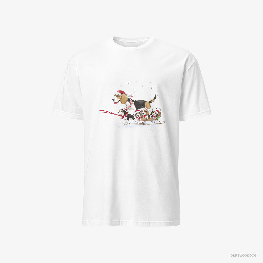 Beagle T-Shirt – Women White T-Shirt Classic – Giving Her Puppies a Sled Ride (on White Background)