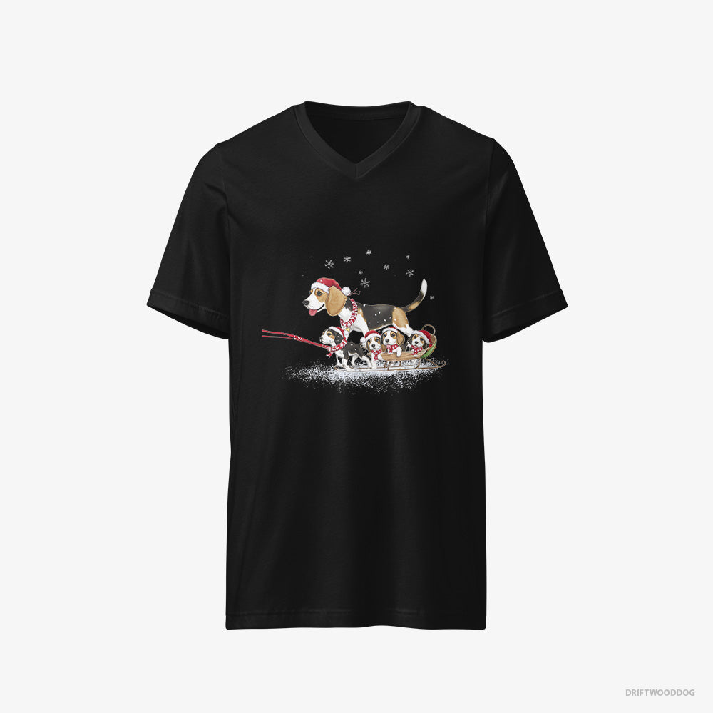 Beagle T-Shirt – Men Black T-Shirt V-Neck – Giving Her Puppies a Sled Ride (on White Background)