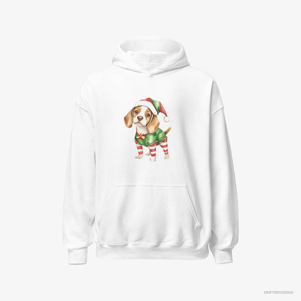 Beagle Hoodie – Men White Hoodie Classic – in a Playful Elf Attire (on White Background)