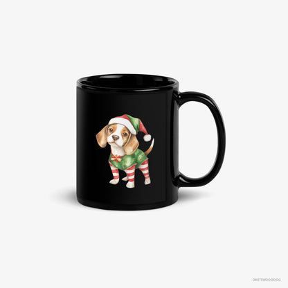 Beagle Mug – Unisex Black Mug Classic – in a Playful Elf Attire (on White Background)