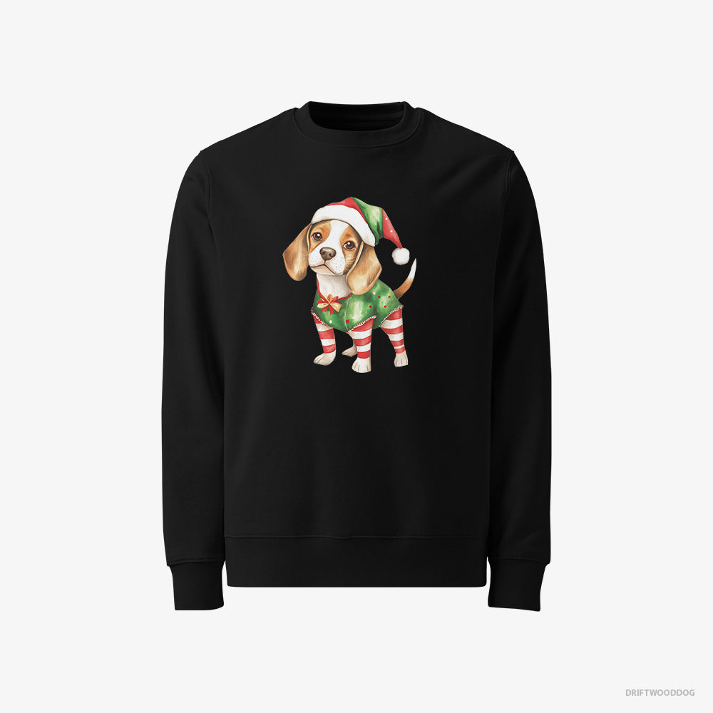 Beagle Sweatshirt – Men Black Sweatshirt Classic – in a Playful Elf Attire (on White Background)