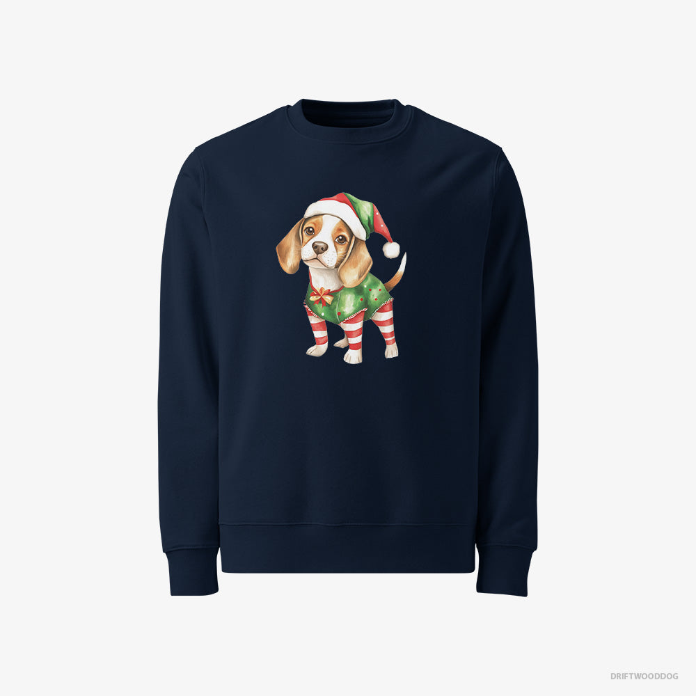 Beagle Sweatshirt – Men Navy Sweatshirt Classic – in a Playful Elf Attire (on White Background)