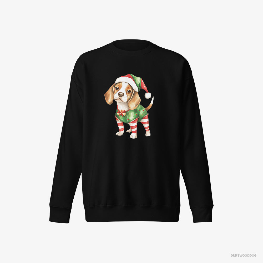 Beagle Sweatshirt – Women Black Sweatshirt Eco-Friendly – in a Playful Elf Attire (on White Background)