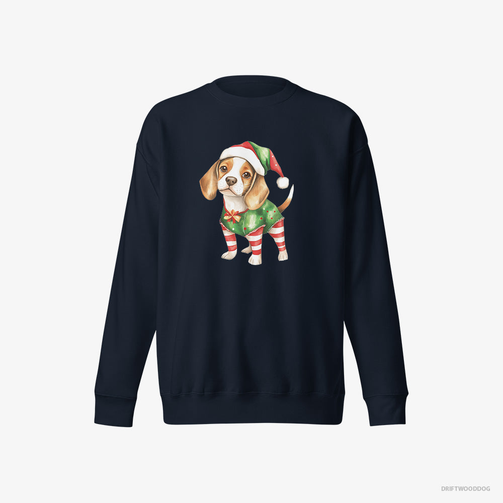 Beagle Sweatshirt – Men Navy Sweatshirt Eco-Friendly – in a Playful Elf Attire (on White Background)