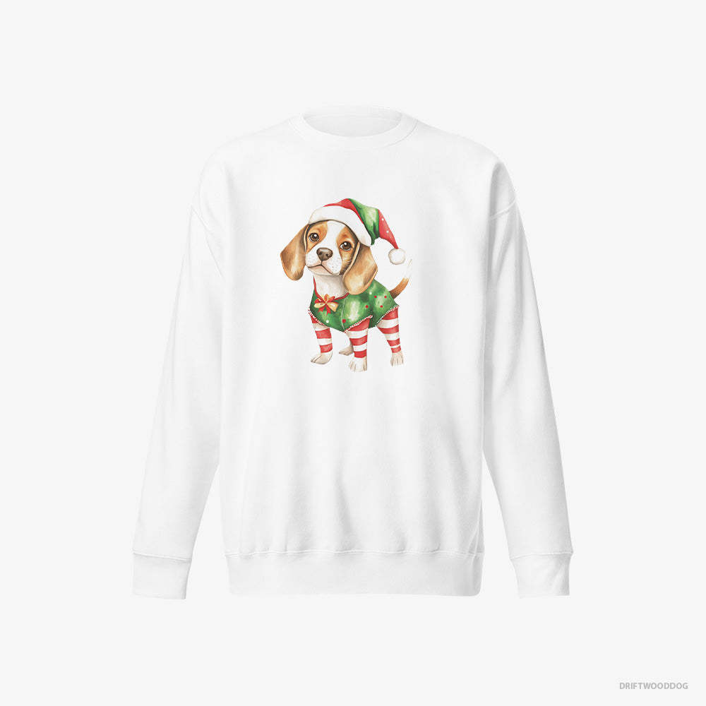 Beagle Sweatshirt – Men White Sweatshirt Eco-Friendly – in a Playful Elf Attire (on White Background)