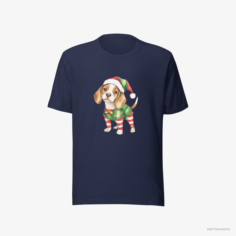 Beagle T-Shirt – Men Navy T-Shirt Eco-Friendly – in a Playful Elf Attire (on White Background)