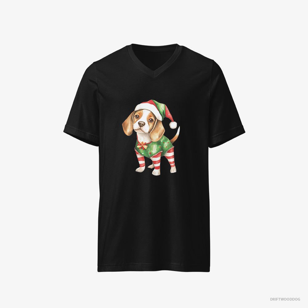 Beagle T-Shirt – Men Black T-Shirt V-Neck – in a Playful Elf Attire (on White Background)