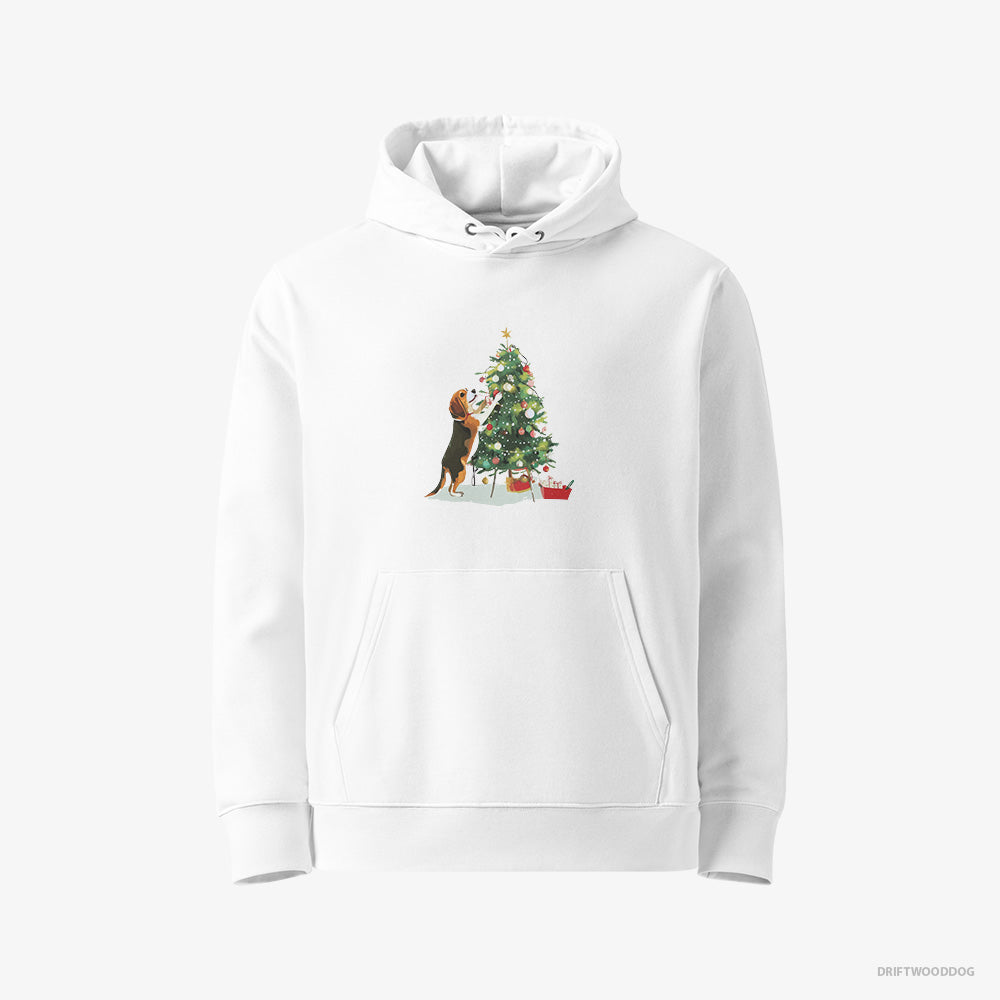 Beagle Hoodie – Women White Hoodie Eco-Friendly – Decorating the Christmas Tree (on White Background)