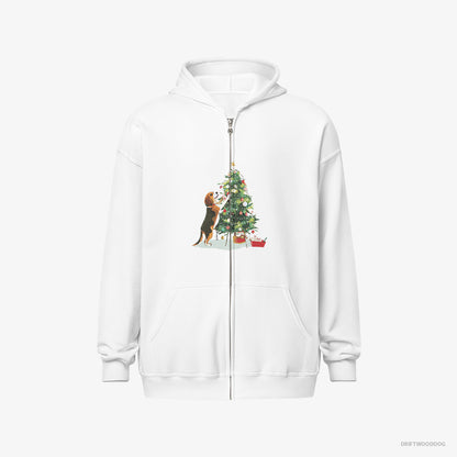 Beagle Hoodie – Men White Hoodie Full-Zip – Decorating the Christmas Tree (on White Background)