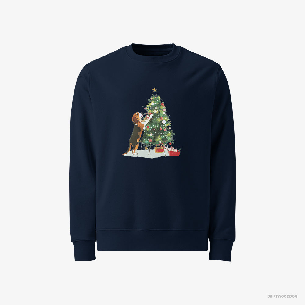 Beagle Sweatshirt – Men Navy Sweatshirt Classic – Decorating the Christmas Tree (on White Background)