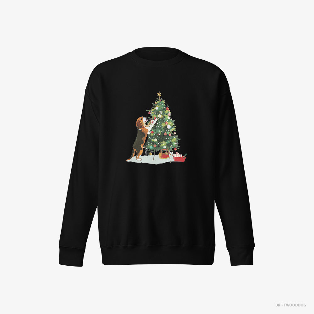 Beagle Sweatshirt – Men Black Sweatshirt Eco-Friendly – Decorating the Christmas Tree (on White Background)