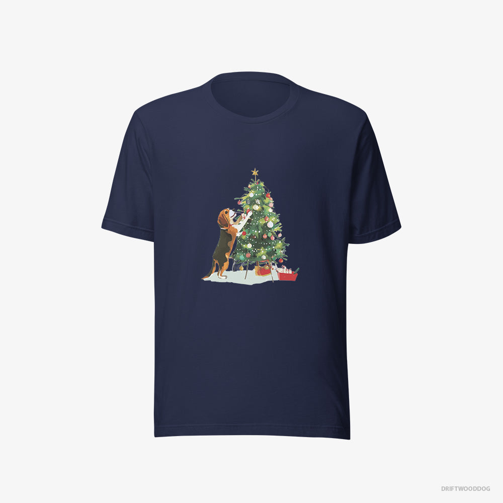 Beagle T-Shirt – Women Navy T-Shirt Eco-Friendly – Decorating the Christmas Tree (on White Background)