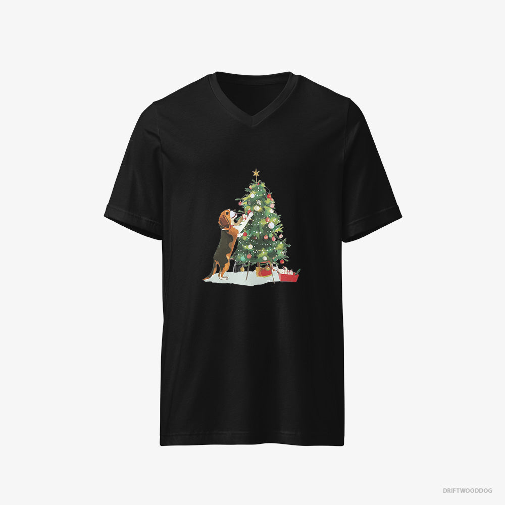 Beagle T-Shirt – Men Black T-Shirt V-Neck – Decorating the Christmas Tree (on White Background)