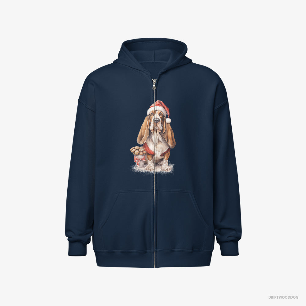 Cute Basset Hound With a Sack of Christmas Cookies – Men's Hoodie Navy Full-Zip – Full-Zip