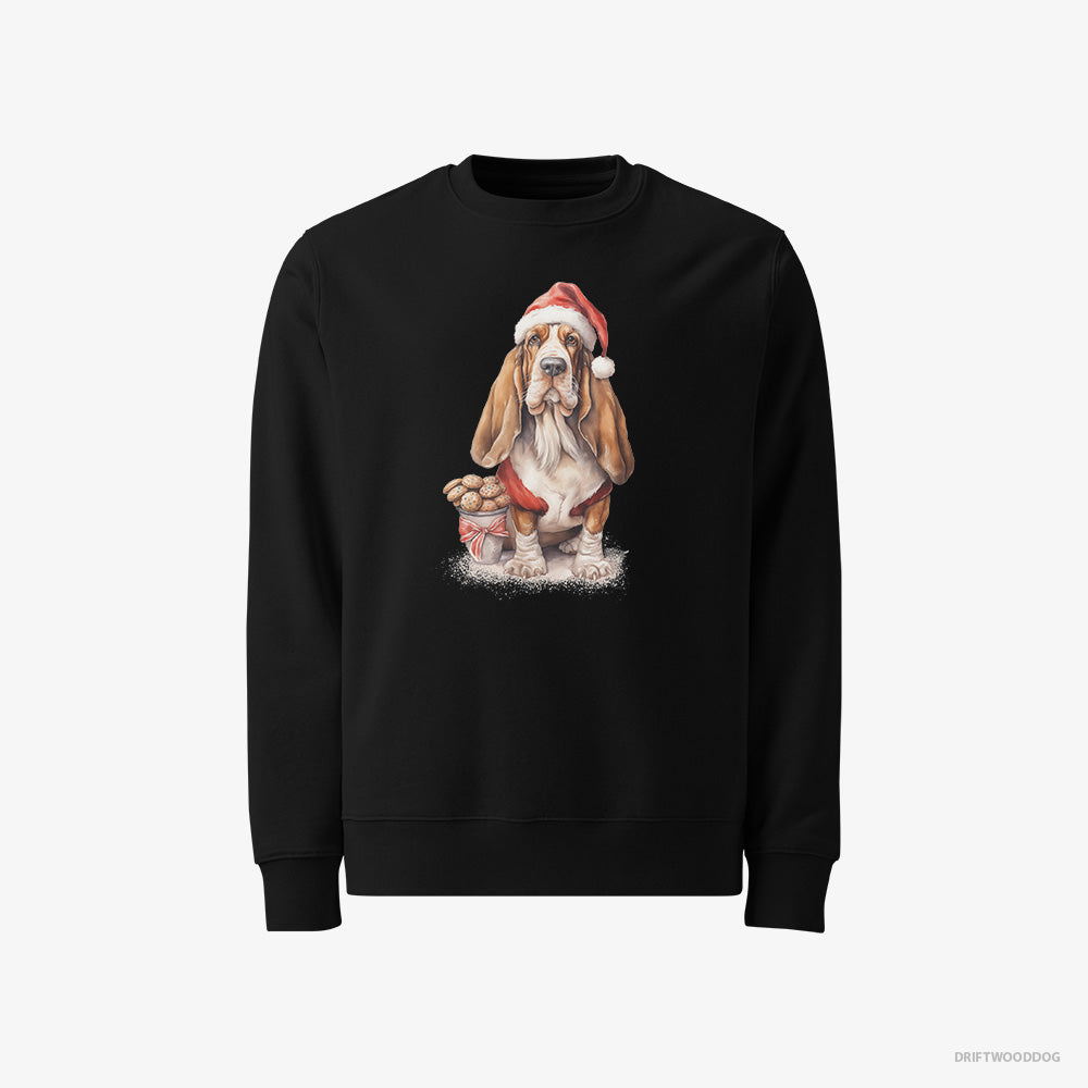 Basset Hound Sweatshirt – Men Black Sweatshirt Classic – With a Sack of Christmas Cookies (on White Background)