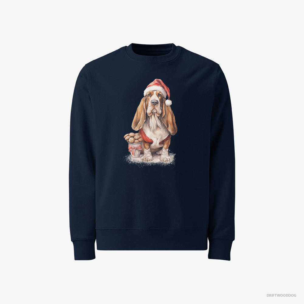 Basset Hound Sweatshirt – Men Navy Sweatshirt Classic – With a Sack of Christmas Cookies (on White Background)