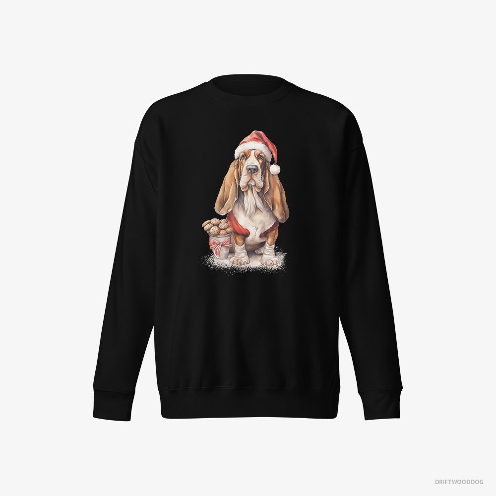 Basset Hound Sweatshirt – Men Black Sweatshirt Eco-Friendly – With a Sack of Christmas Cookies (on White Background)