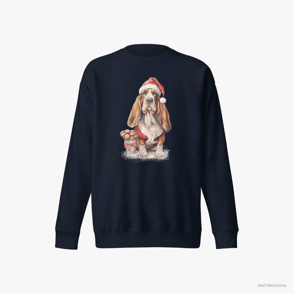 Basset Hound Sweatshirt – Men Navy Sweatshirt Eco-Friendly – With a Sack of Christmas Cookies (on White Background)