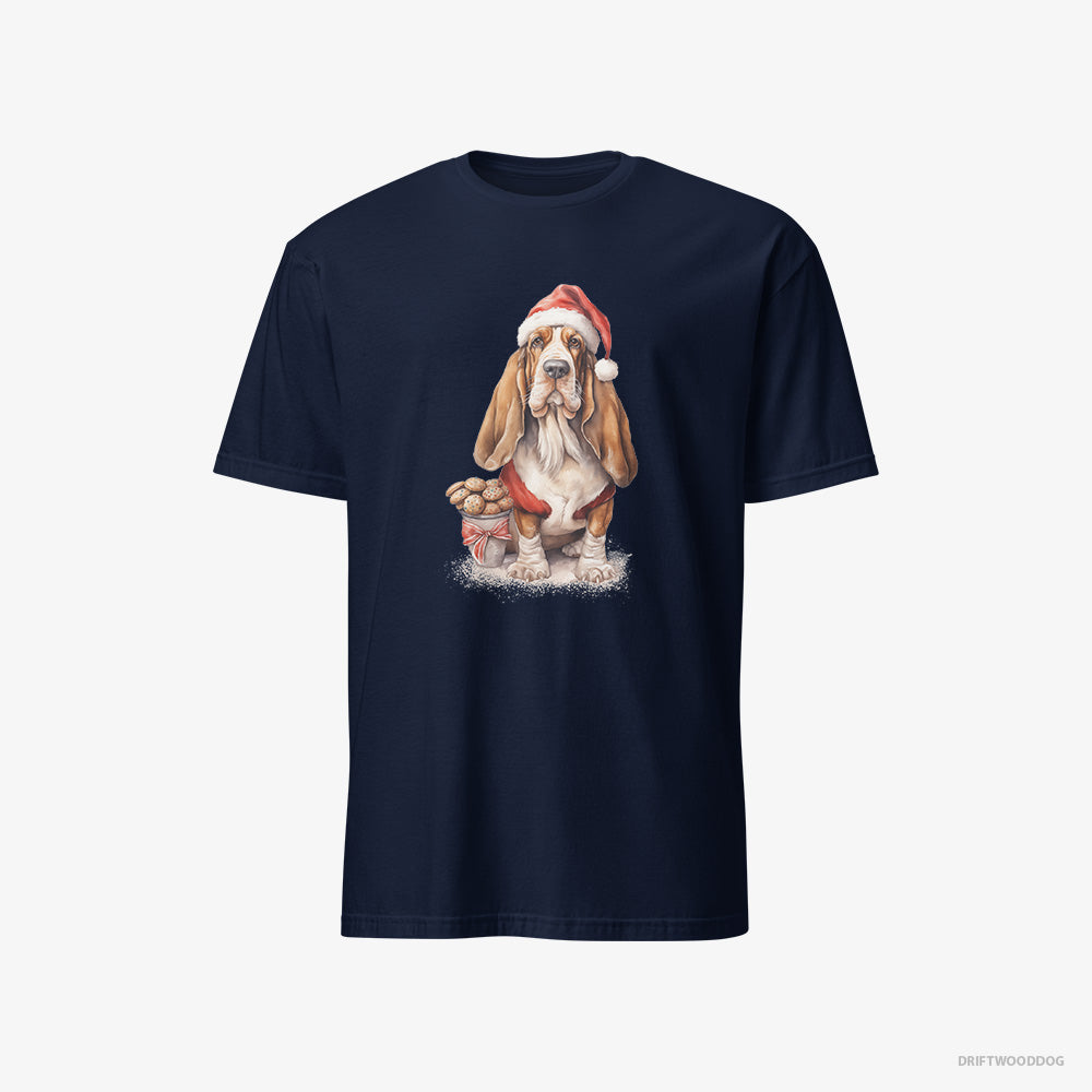 Basset Hound T-Shirt – Men Navy T-Shirt Classic – With a Sack of Christmas Cookies (on White Background)