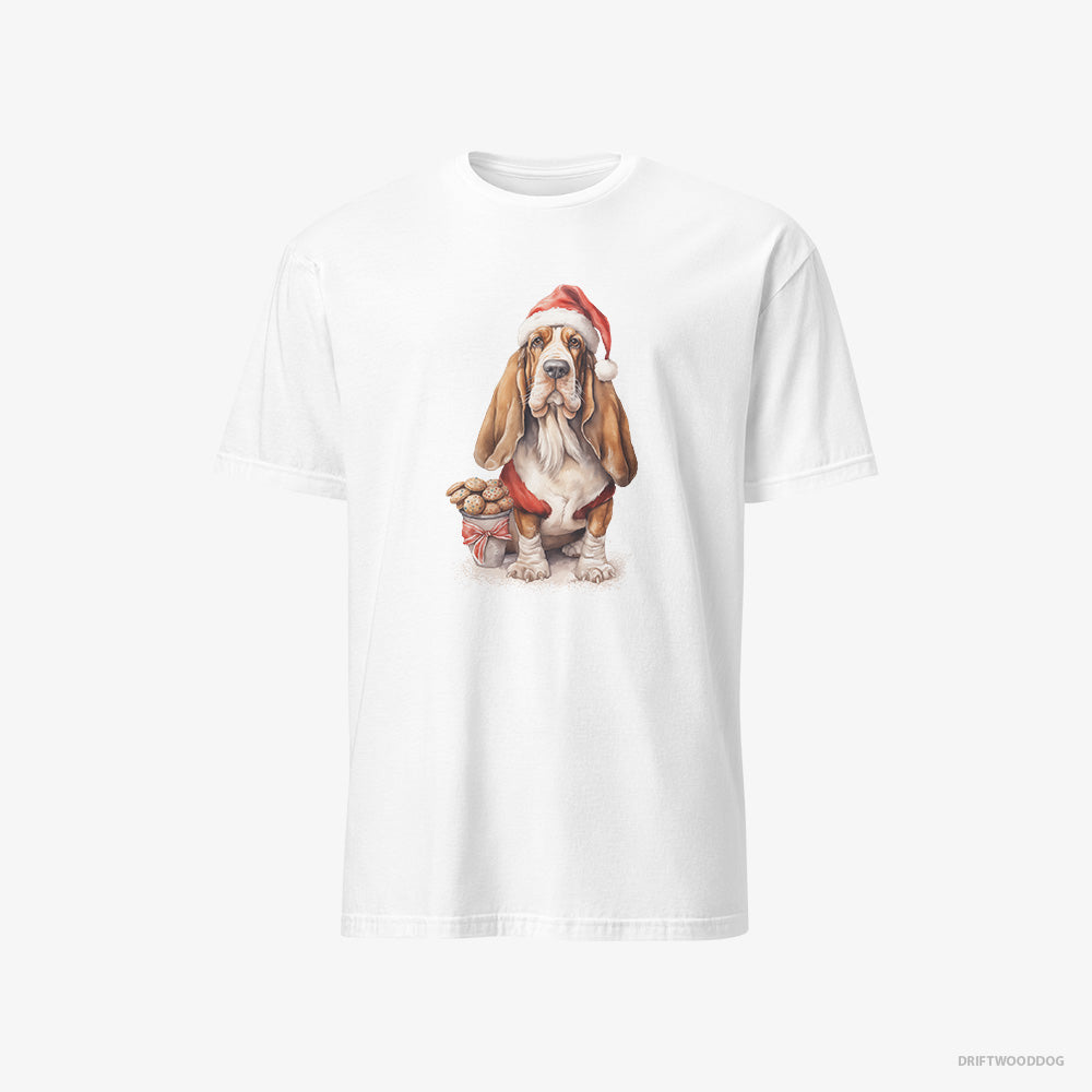 Basset Hound T-Shirt – Men White T-Shirt Classic – With a Sack of Christmas Cookies (on White Background)