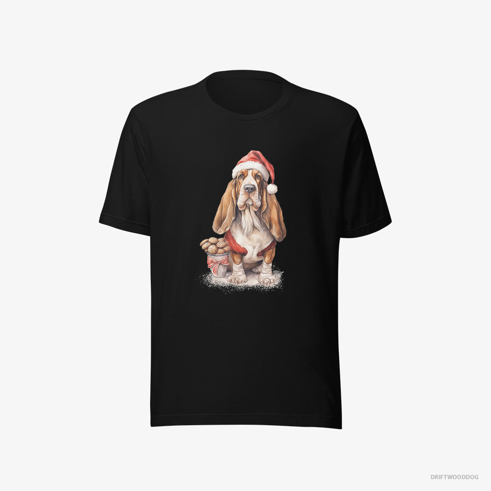 Basset Hound T-Shirt – Men Black T-Shirt Eco-Friendly – With a Sack of Christmas Cookies (on White Background)